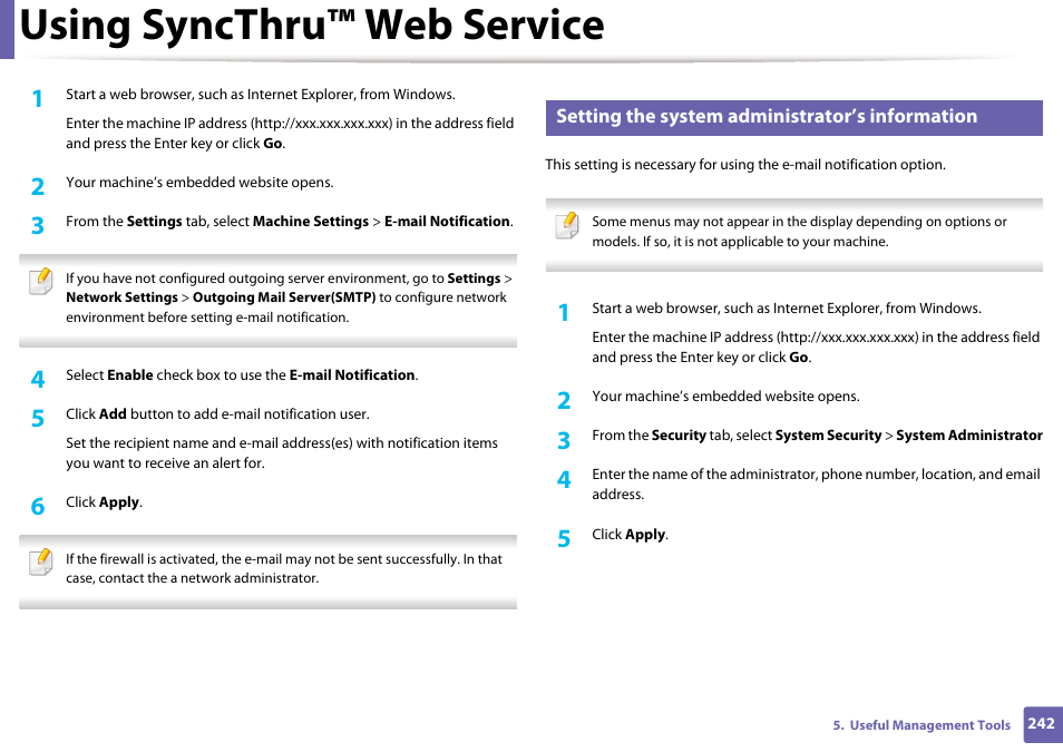 Using syncthru™ web service, Setting the system administrator’s information | Samsung SL-M2070W-XAA User Manual | Page 242 / 314
