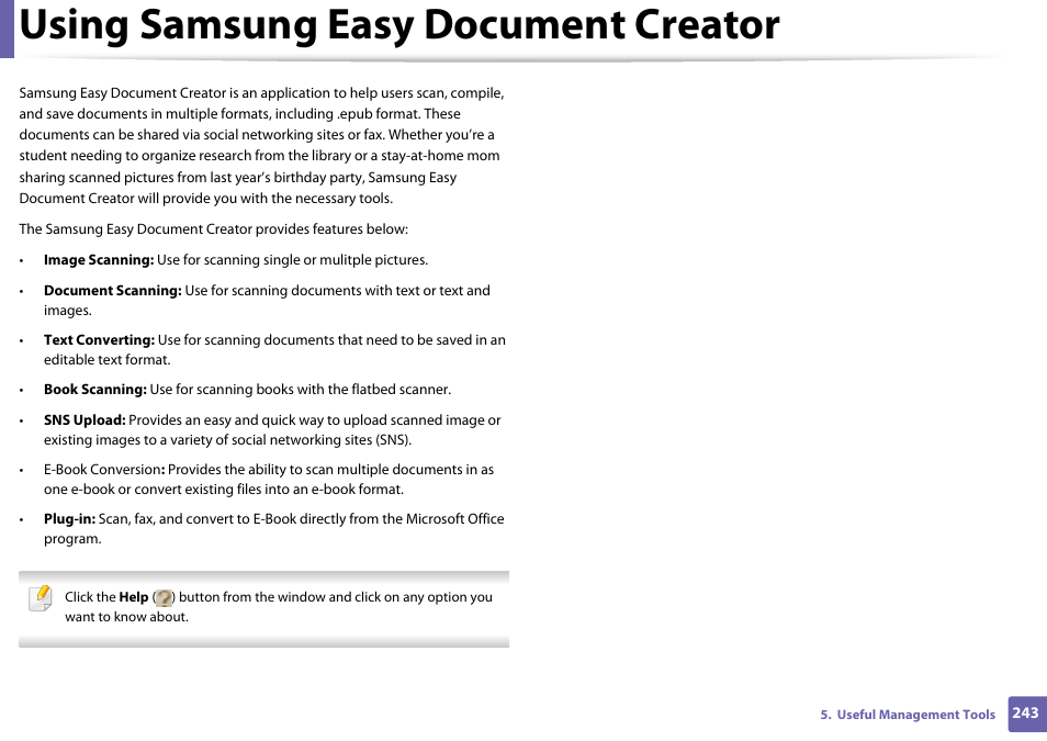 Using samsung easy document creator | Samsung SL-M2070W-XAA User Manual | Page 243 / 314