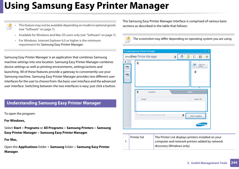 Using samsung easy printer manager, Understanding samsung easy printer manager | Samsung SL-M2070W-XAA User Manual | Page 244 / 314