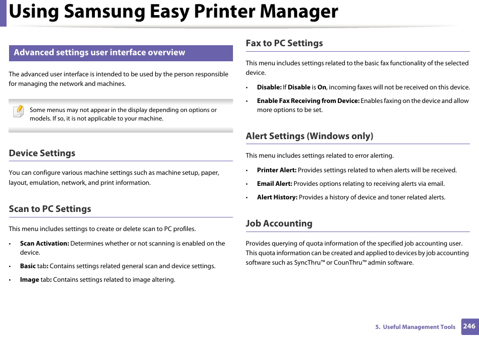 Using samsung easy printer manager, Device settings, Scan to pc settings | Fax to pc settings, Alert settings (windows only), Job accounting, Advanced settings user interface overview | Samsung SL-M2070W-XAA User Manual | Page 246 / 314
