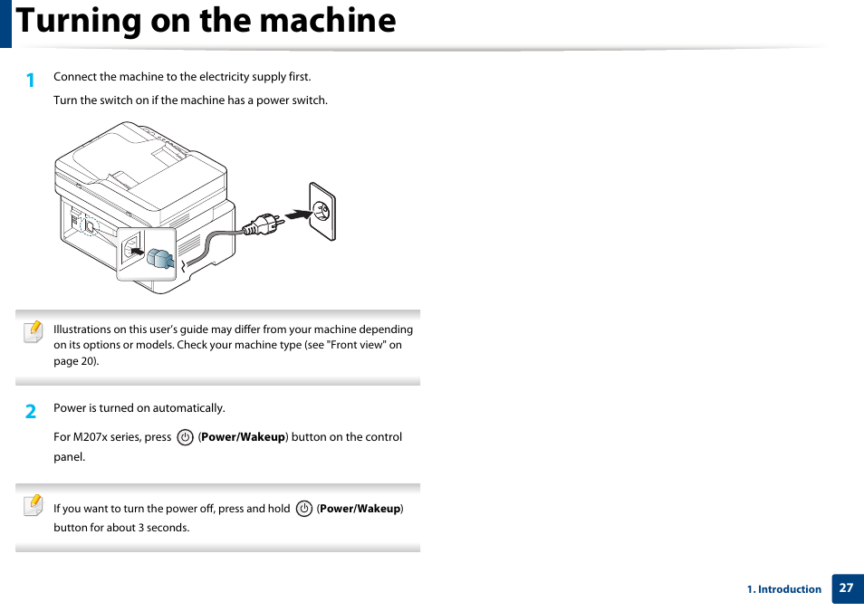 Turning on the machine | Samsung SL-M2070W-XAA User Manual | Page 27 / 314