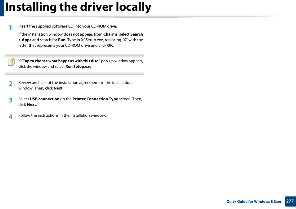 Installing the driver locally | Samsung SL-M2070W-XAA User Manual | Page 277 / 314