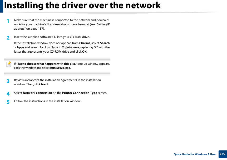 Installing the driver over the network | Samsung SL-M2070W-XAA User Manual | Page 279 / 314