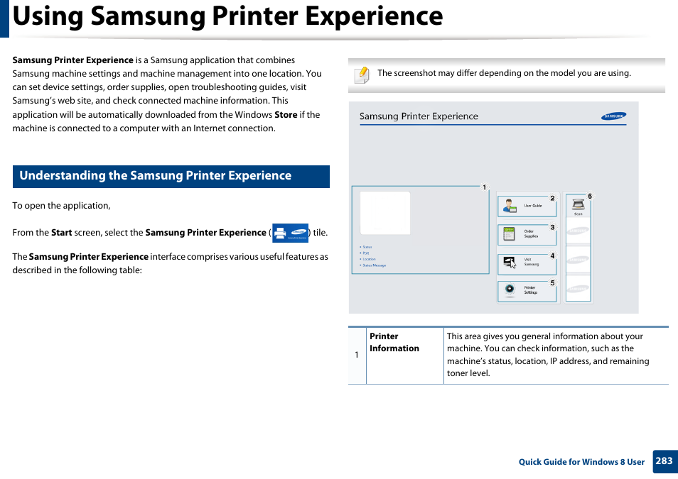 Using samsung printer experience, Understanding the samsung printer experience | Samsung SL-M2070W-XAA User Manual | Page 283 / 314