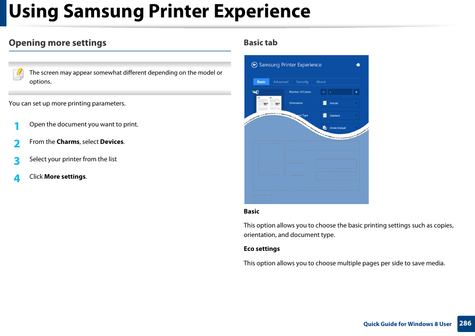 Using samsung printer experience, Opening more settings | Samsung SL-M2070W-XAA User Manual | Page 286 / 314