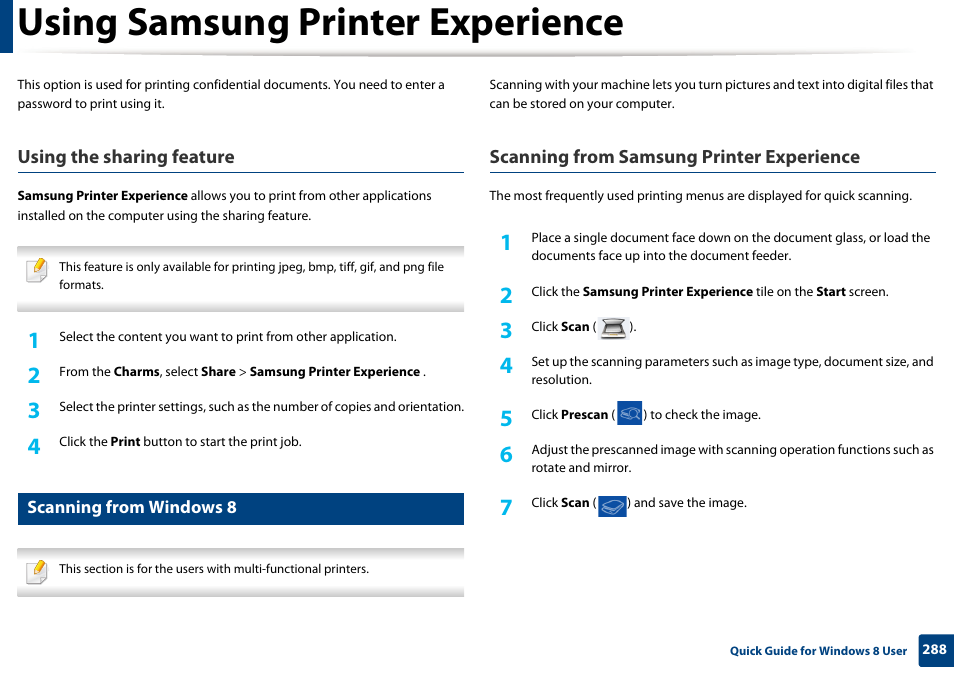 Using samsung printer experience, Using the sharing feature, Scanning from samsung printer experience | Samsung SL-M2070W-XAA User Manual | Page 288 / 314