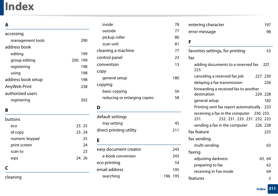 Index | Samsung SL-M2070W-XAA User Manual | Page 311 / 314