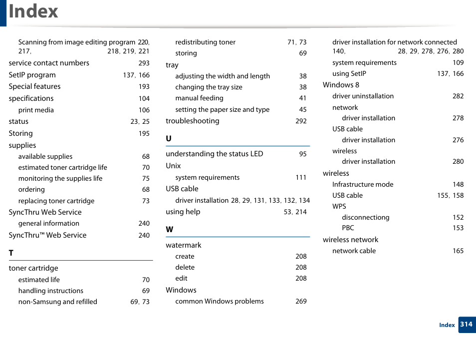 Index | Samsung SL-M2070W-XAA User Manual | Page 314 / 314