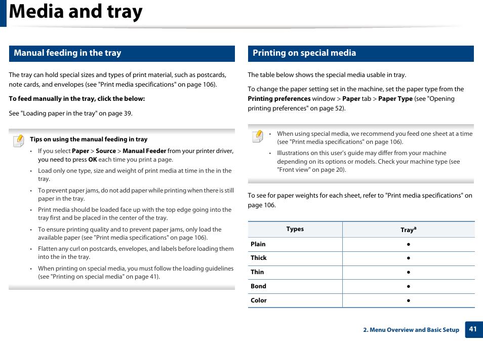 Media and tray, Manual feeding in the tray, Printing on special media | Samsung SL-M2070W-XAA User Manual | Page 41 / 314