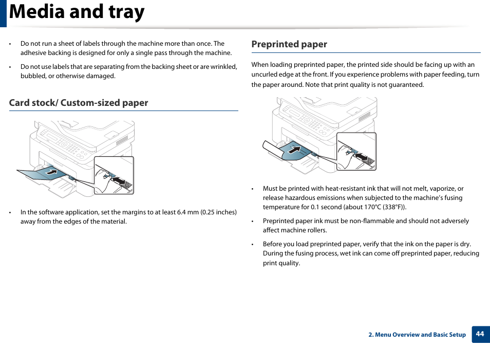 Media and tray, Card stock/ custom-sized paper, Preprinted paper | Samsung SL-M2070W-XAA User Manual | Page 44 / 314