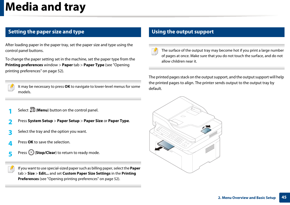 Media and tray, Setting the paper size and type, Using the output support | Samsung SL-M2070W-XAA User Manual | Page 45 / 314