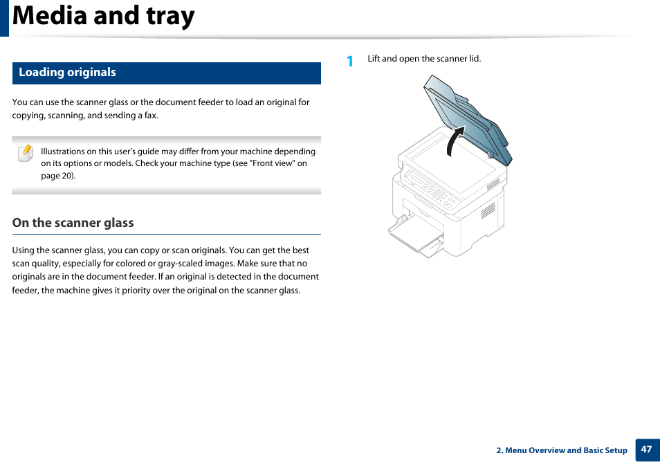 Media and tray, On the scanner glass, Loading originals | Samsung SL-M2070W-XAA User Manual | Page 47 / 314