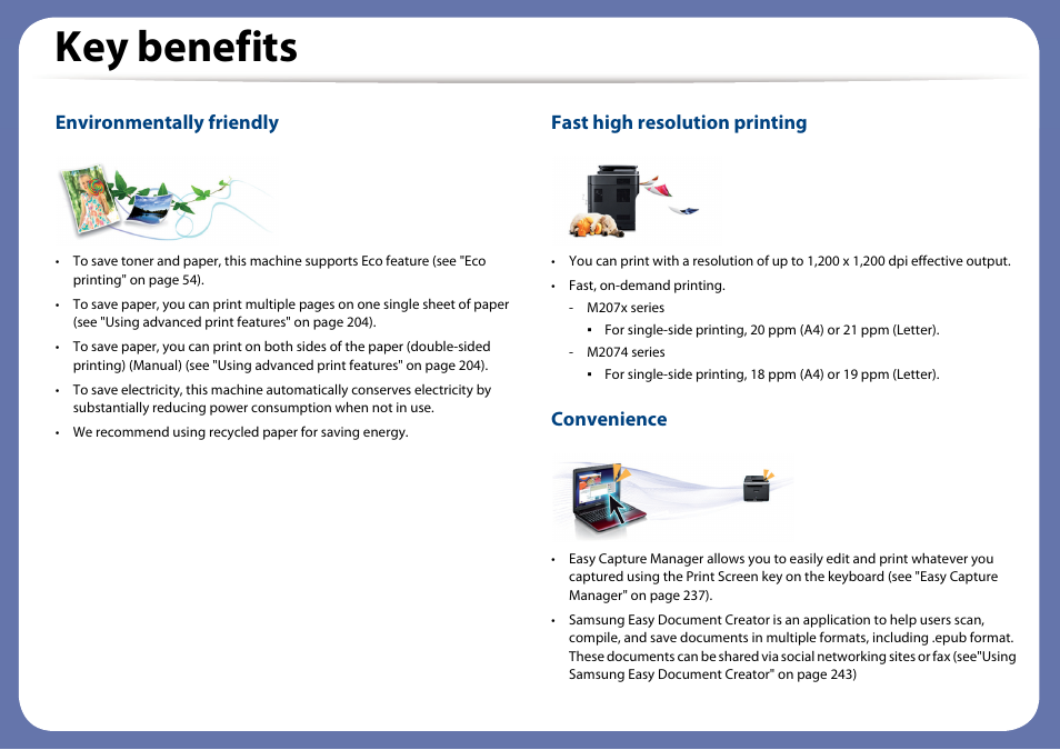 Key benefits, Environmentally friendly, Fast high resolution printing | Convenience | Samsung SL-M2070W-XAA User Manual | Page 5 / 314