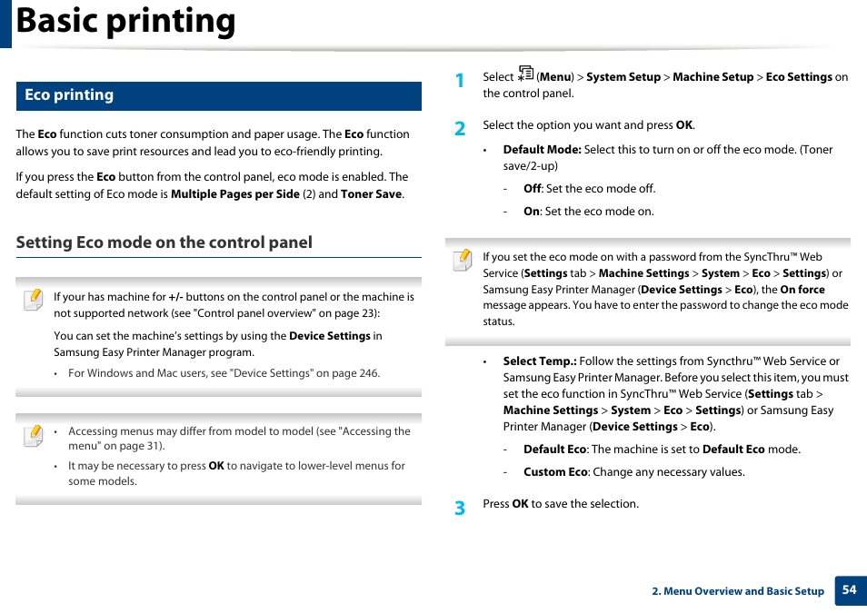 Basic printing, Setting eco mode on the control panel, Eco printing | Samsung SL-M2070W-XAA User Manual | Page 54 / 314