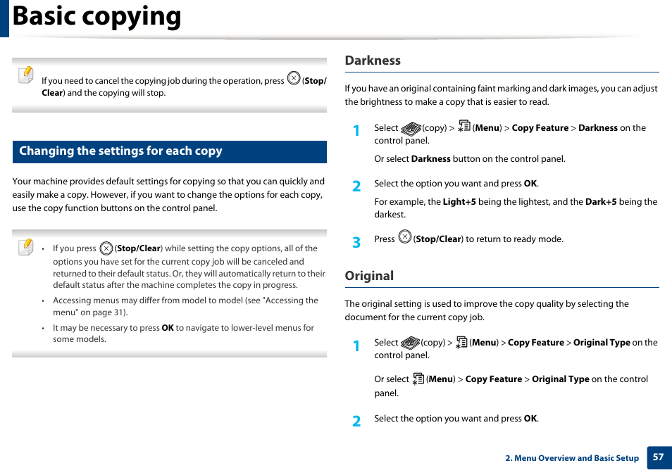 Basic copying, Darkness, Original | Changing the settings for each copy | Samsung SL-M2070W-XAA User Manual | Page 57 / 314