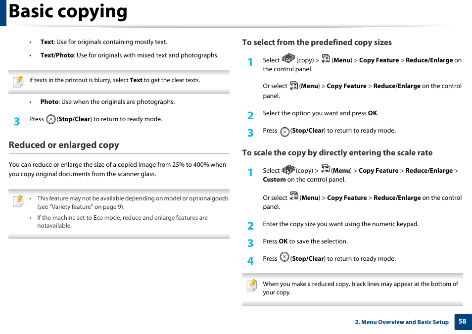 Basic copying, Reduced or enlarged copy | Samsung SL-M2070W-XAA User Manual | Page 58 / 314