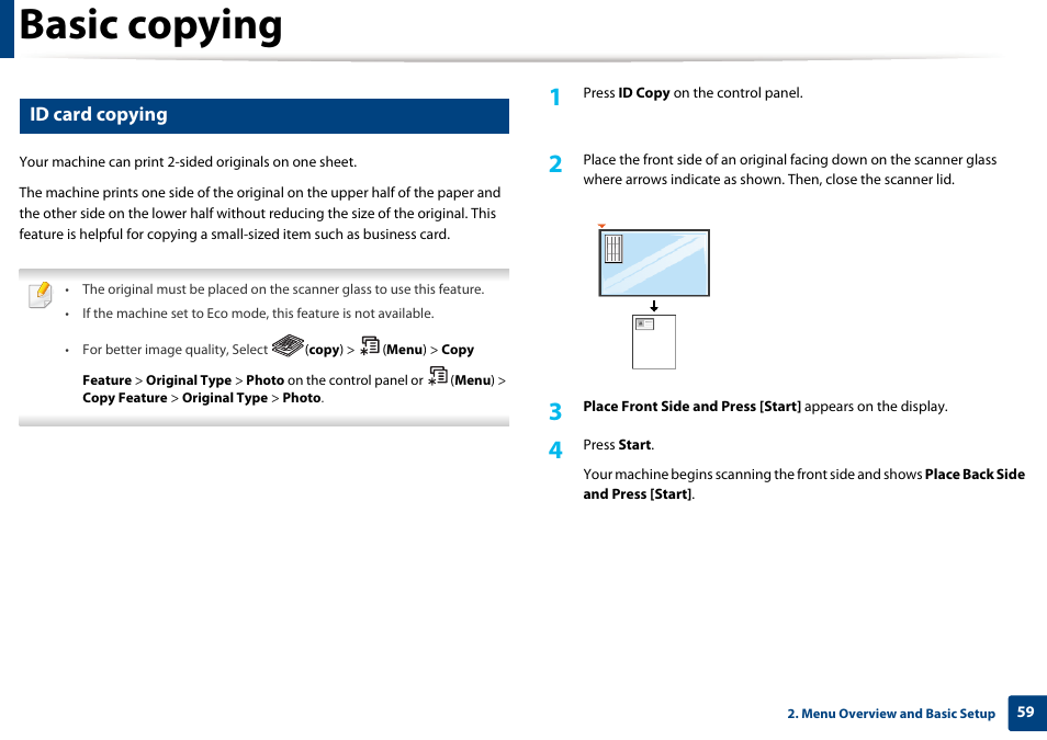 Basic copying, Id card copying | Samsung SL-M2070W-XAA User Manual | Page 59 / 314