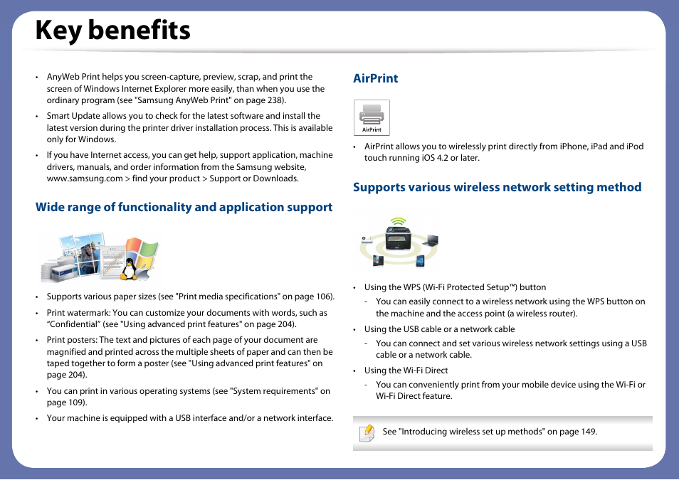 Key benefits, Airprint, Supports various wireless network setting method | Samsung SL-M2070W-XAA User Manual | Page 6 / 314