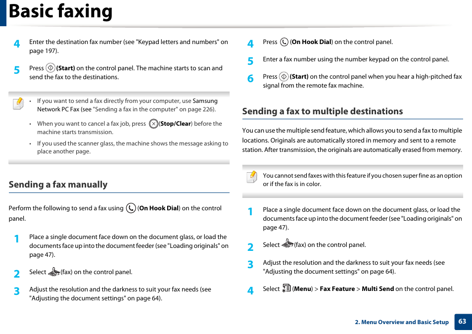 Basic faxing, Sending a fax manually, Sending a fax to multiple destinations | Samsung SL-M2070W-XAA User Manual | Page 63 / 314