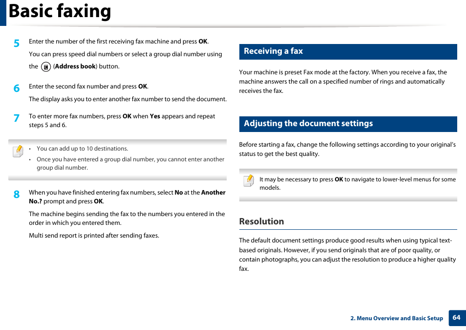 Basic faxing, Resolution, Receiving a fax | Adjusting the document settings | Samsung SL-M2070W-XAA User Manual | Page 64 / 314