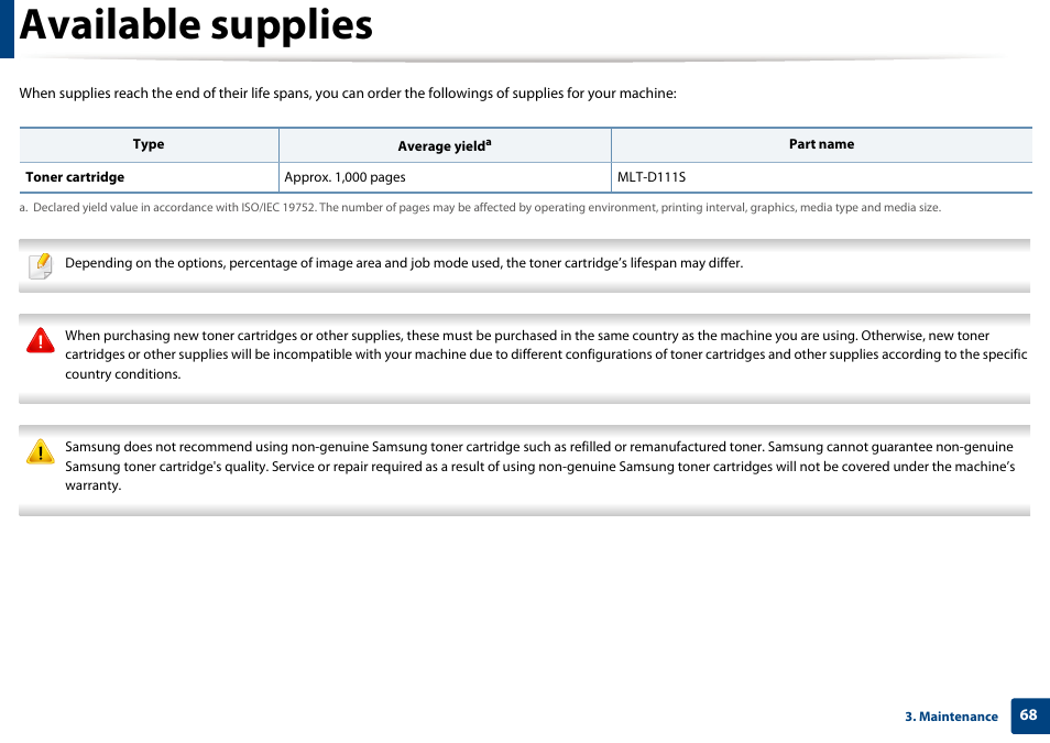 Available supplies | Samsung SL-M2070W-XAA User Manual | Page 68 / 314