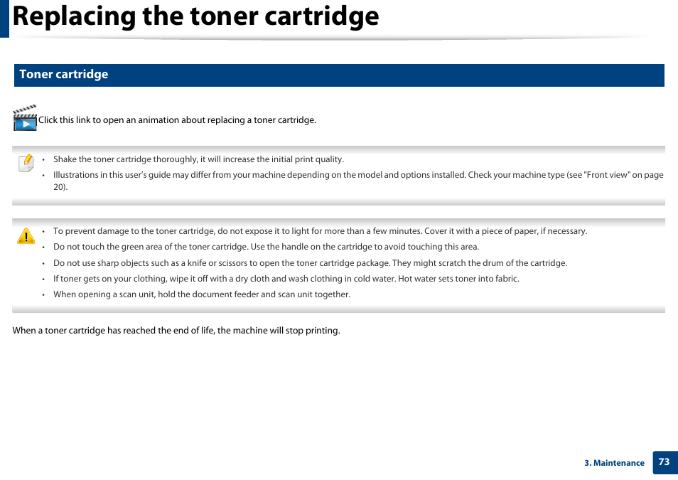 Replacing the toner cartridge, Toner cartridge | Samsung SL-M2070W-XAA User Manual | Page 73 / 314