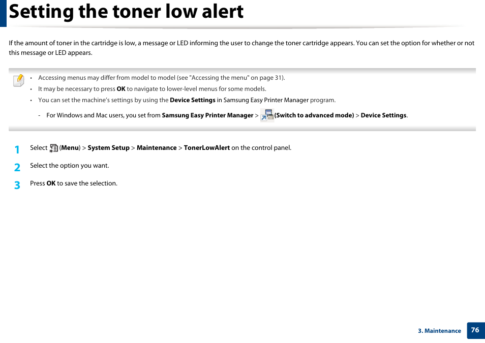 Setting the toner low alert | Samsung SL-M2070W-XAA User Manual | Page 76 / 314