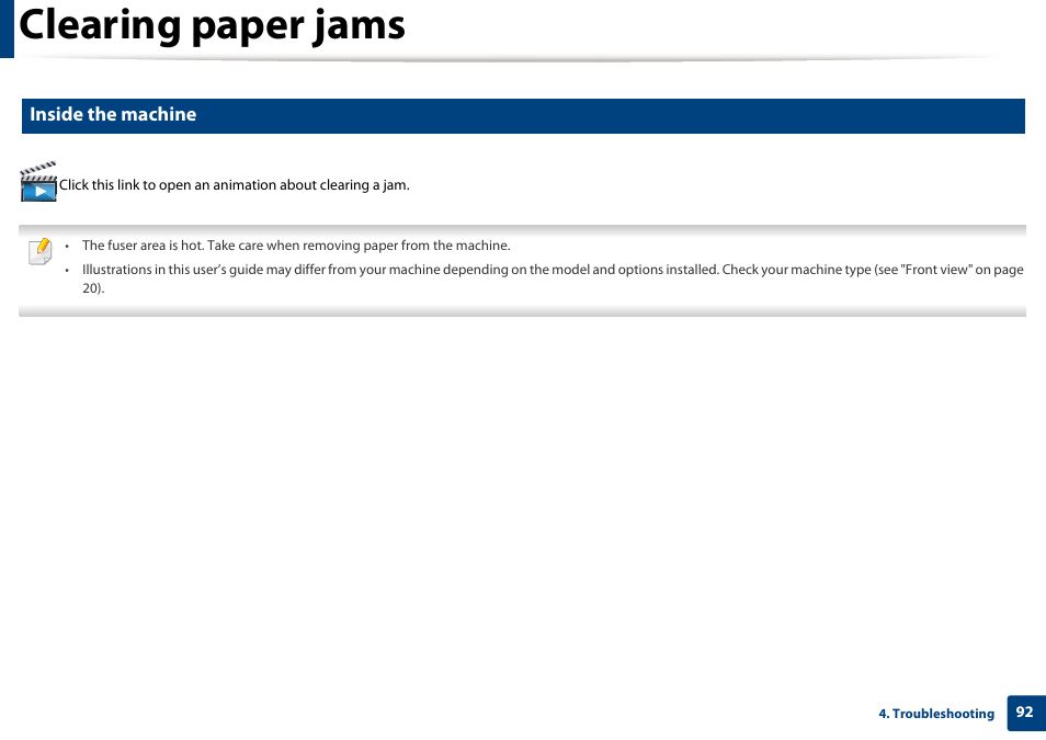 Clearing paper jams, Inside the machine | Samsung SL-M2070W-XAA User Manual | Page 92 / 314