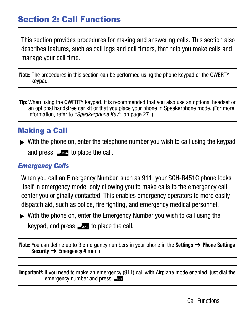 Section 2: call functions, Making a call | Samsung SCH-R451ZKGNTT User Manual | Page 15 / 66