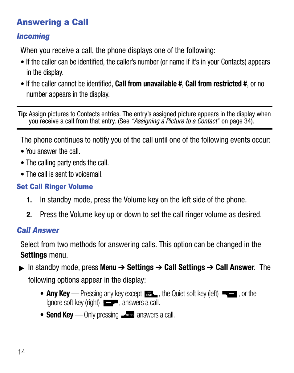 Answering a call | Samsung SCH-R451ZKGNTT User Manual | Page 18 / 66