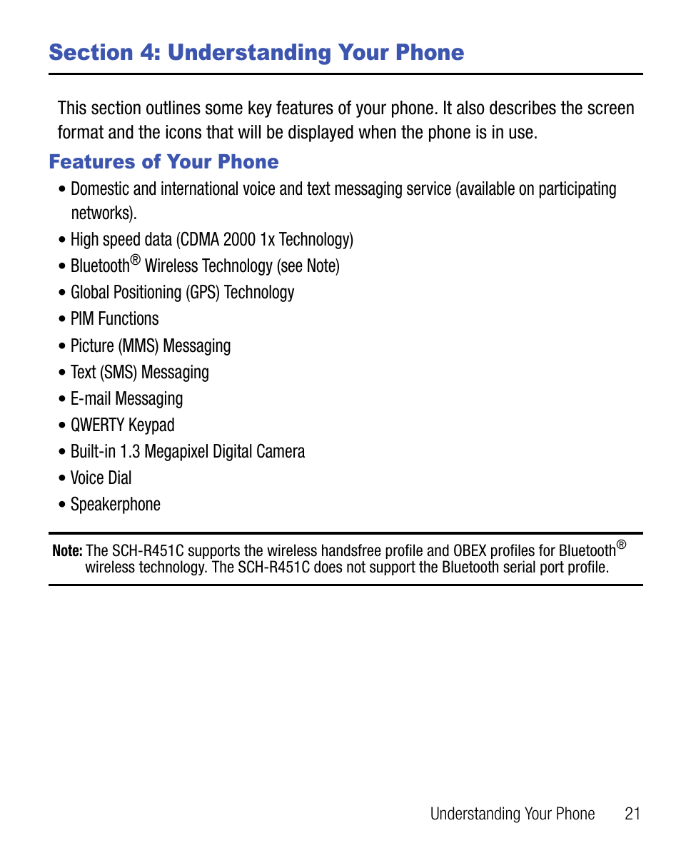 Section 4: understanding your phone, Features of your phone | Samsung SCH-R451ZKGNTT User Manual | Page 25 / 66