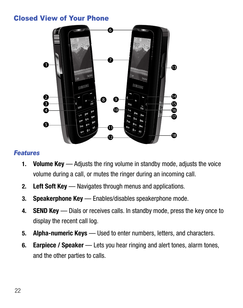 Closed view of your phone | Samsung SCH-R451ZKGNTT User Manual | Page 26 / 66