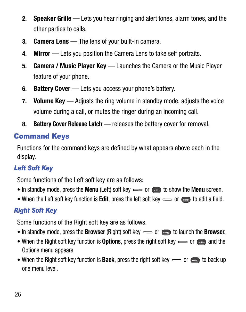 Command keys | Samsung SCH-R451ZKGNTT User Manual | Page 30 / 66