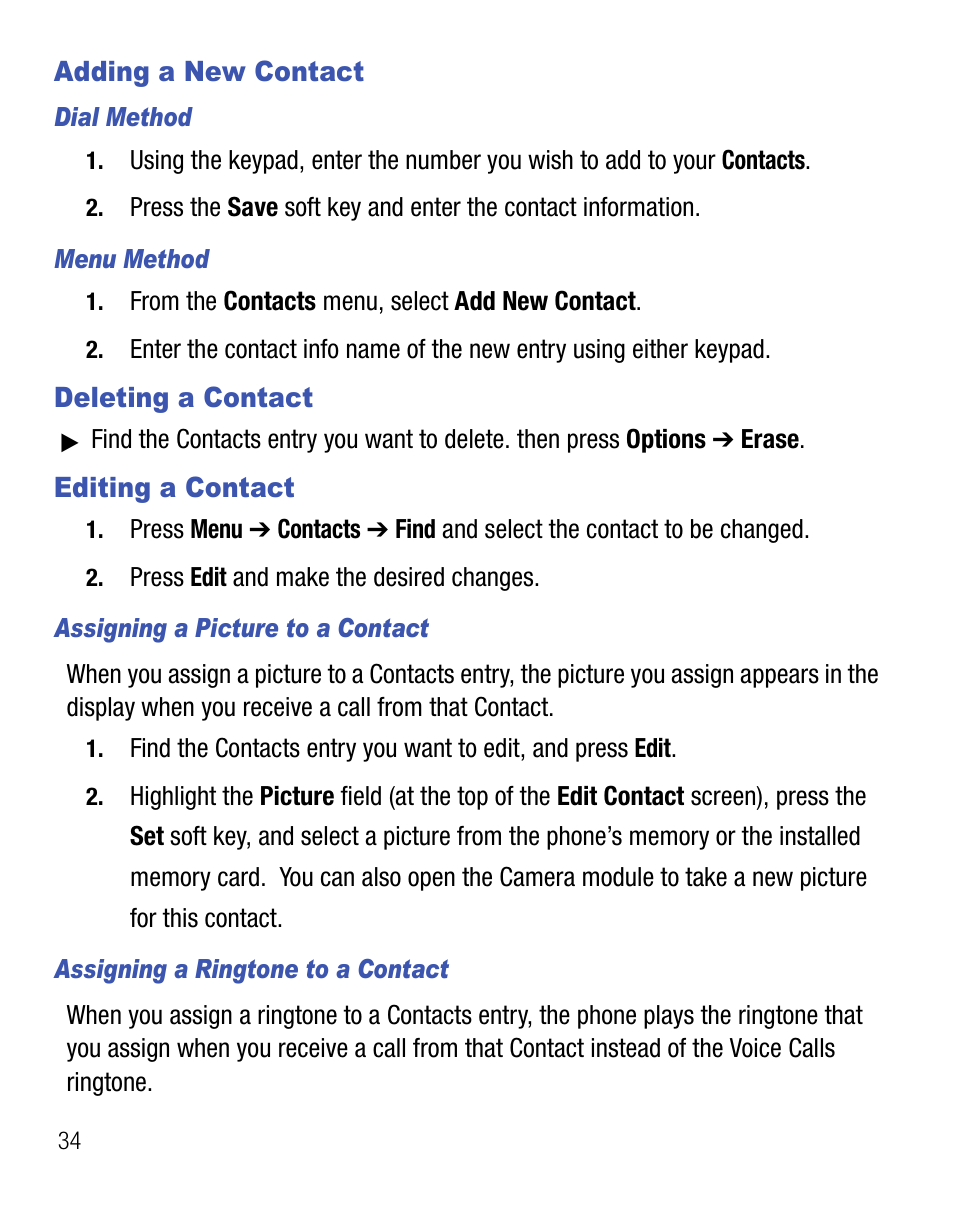 Adding a new contact, Deleting a contact, Editing a contact | Samsung SCH-R451ZKGNTT User Manual | Page 38 / 66