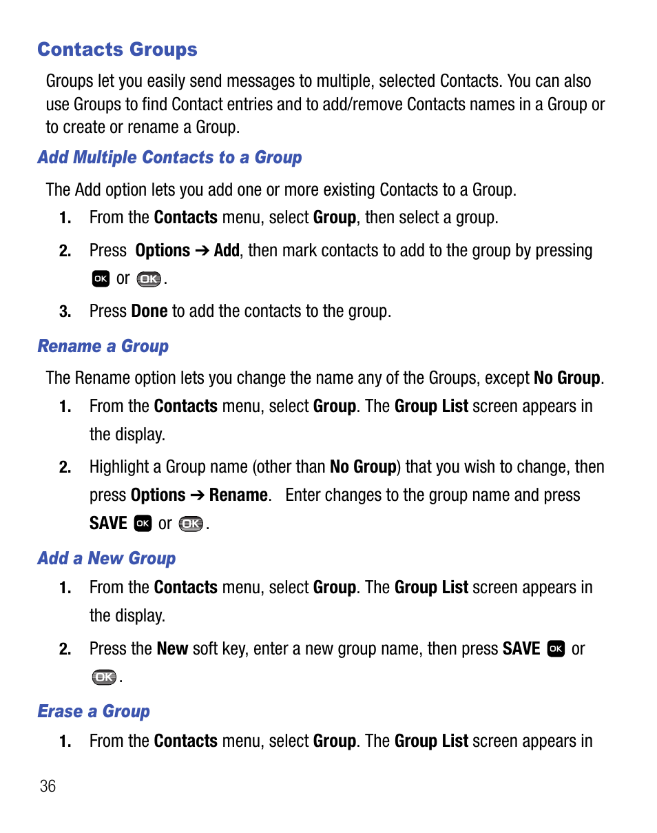 Contacts groups | Samsung SCH-R451ZKGNTT User Manual | Page 40 / 66