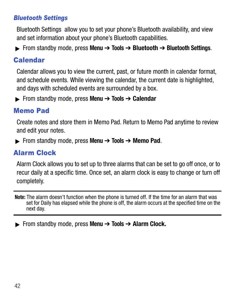 Calendar, Memo pad, Alarm clock | Calendar memo pad alarm clock | Samsung SCH-R451ZKGNTT User Manual | Page 46 / 66