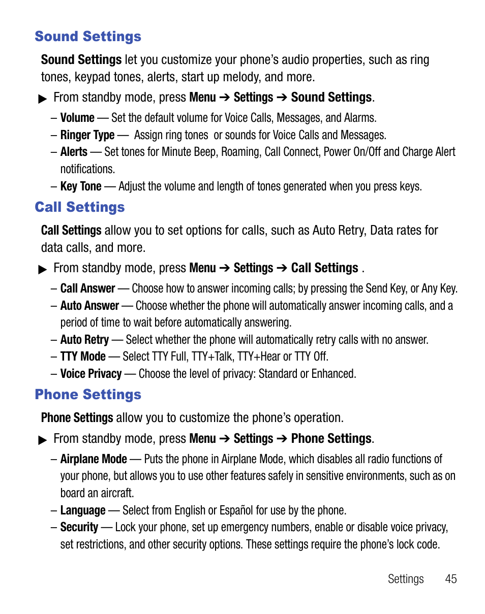 Sound settings, Call settings, Phone settings | Sound settings call settings phone settings | Samsung SCH-R451ZKGNTT User Manual | Page 49 / 66