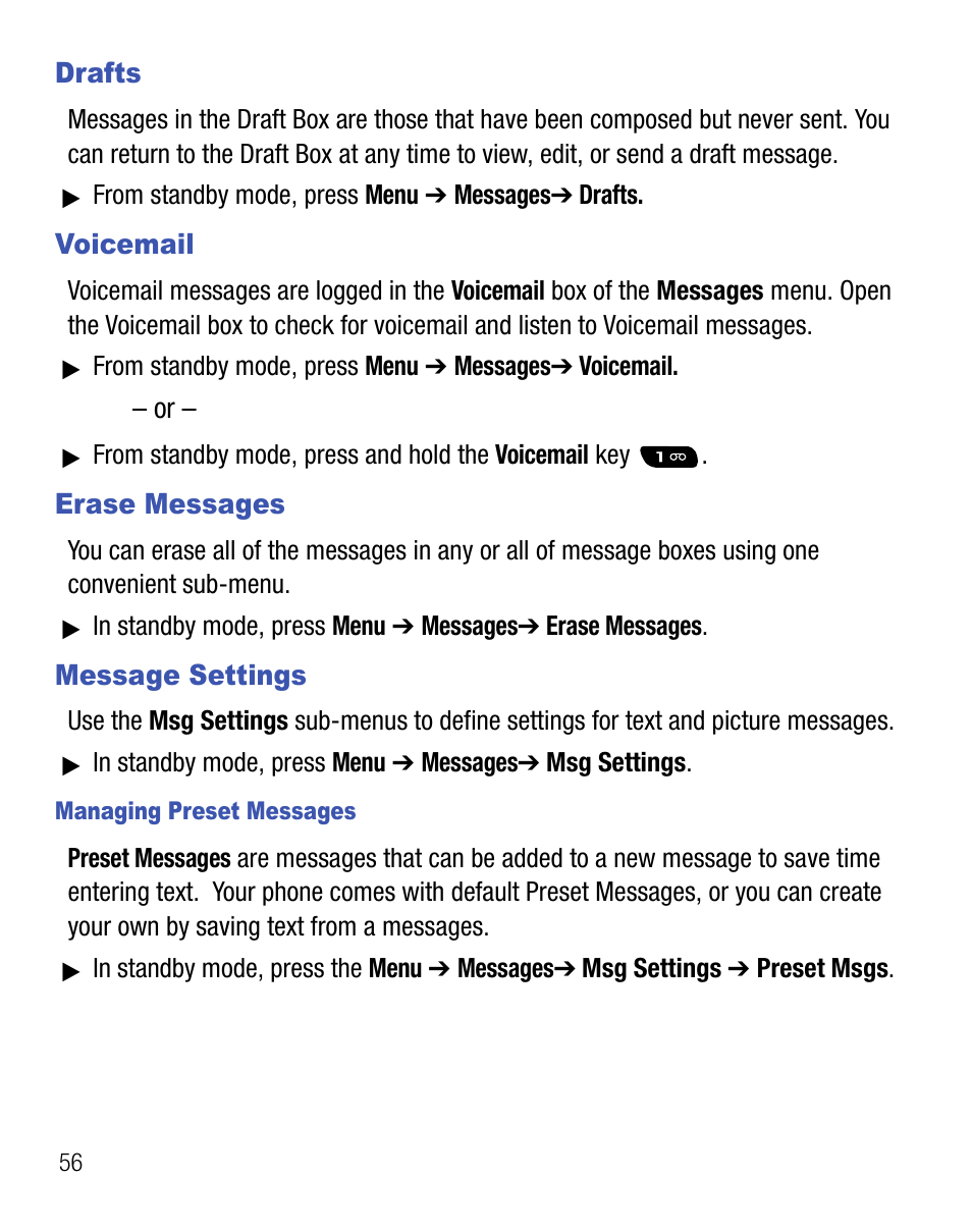 Drafts, Voicemail, Erase messages | Message settings, Drafts voicemail erase messages message settings | Samsung SCH-R451ZKGNTT User Manual | Page 60 / 66