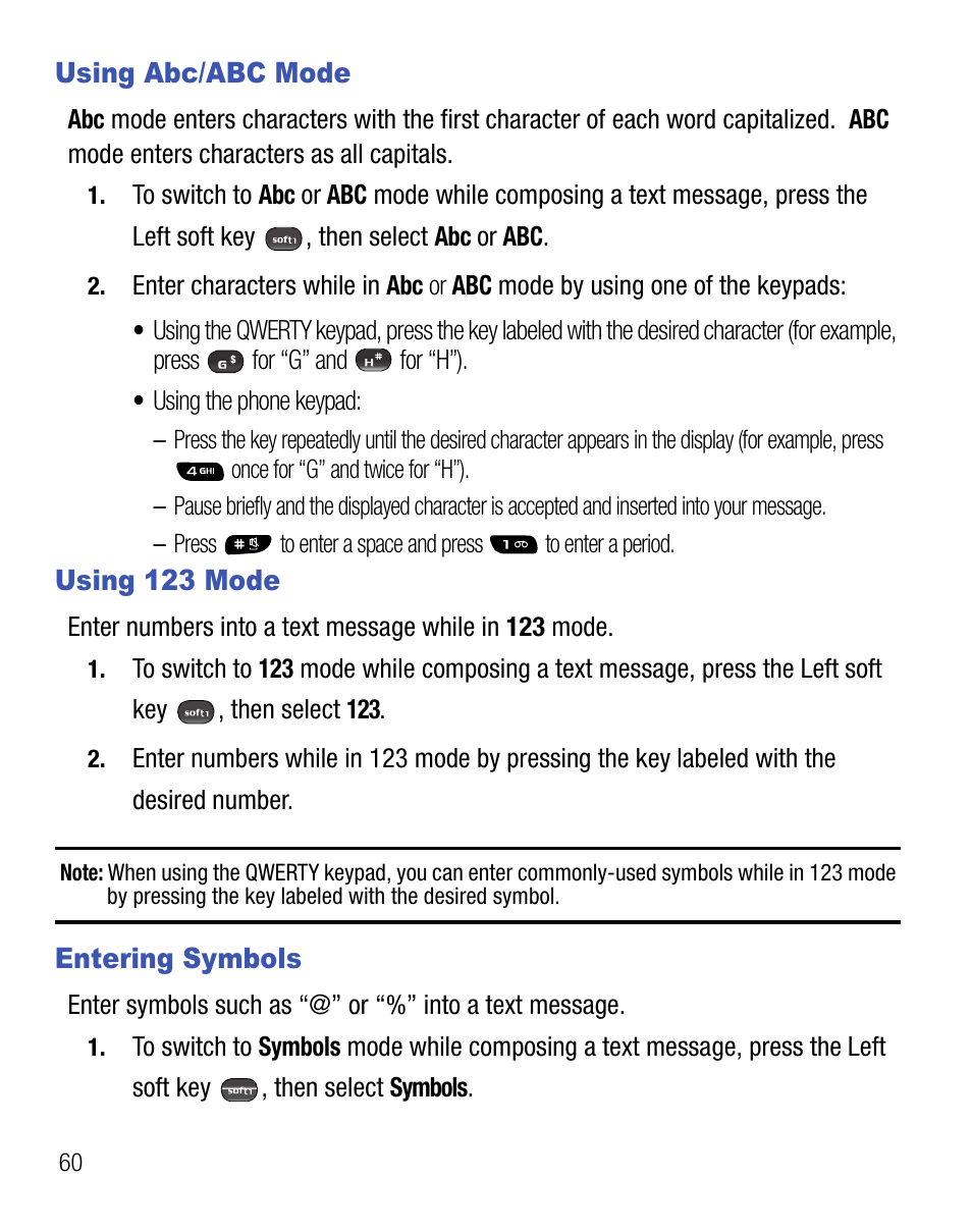 Using abc/abc mode, Using 123 mode, Entering symbols | Using abc/abc mode using 123 mode entering symbols | Samsung SCH-R451ZKGNTT User Manual | Page 64 / 66