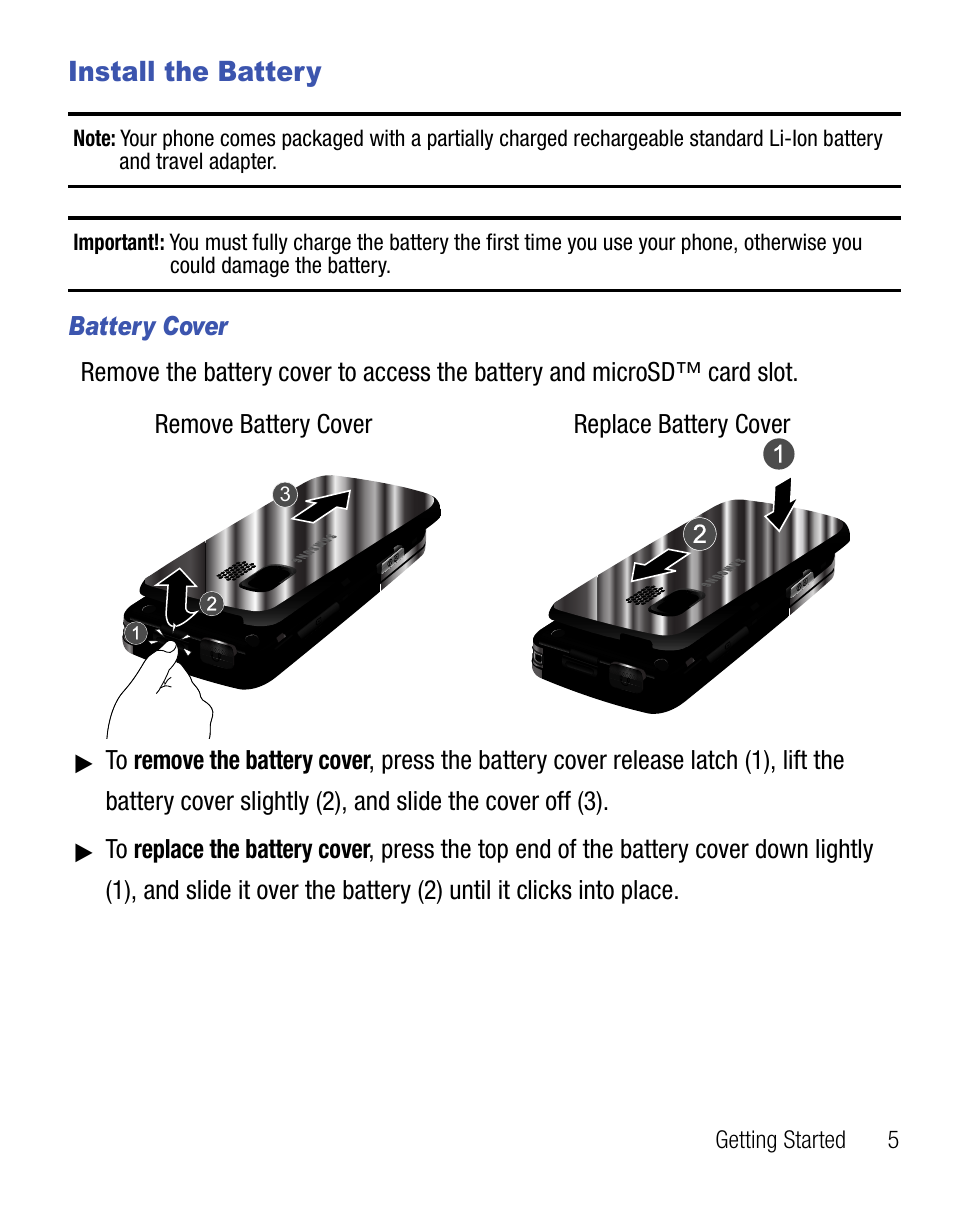 Install the battery | Samsung SCH-R451ZKGNTT User Manual | Page 9 / 66