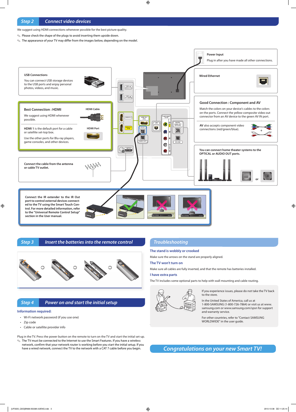 Step 2 connect video devices, Troubleshooting, Step 4 power on and start the initial setup | Samsung UN50F5500AFXZA User Manual | Page 2 / 2