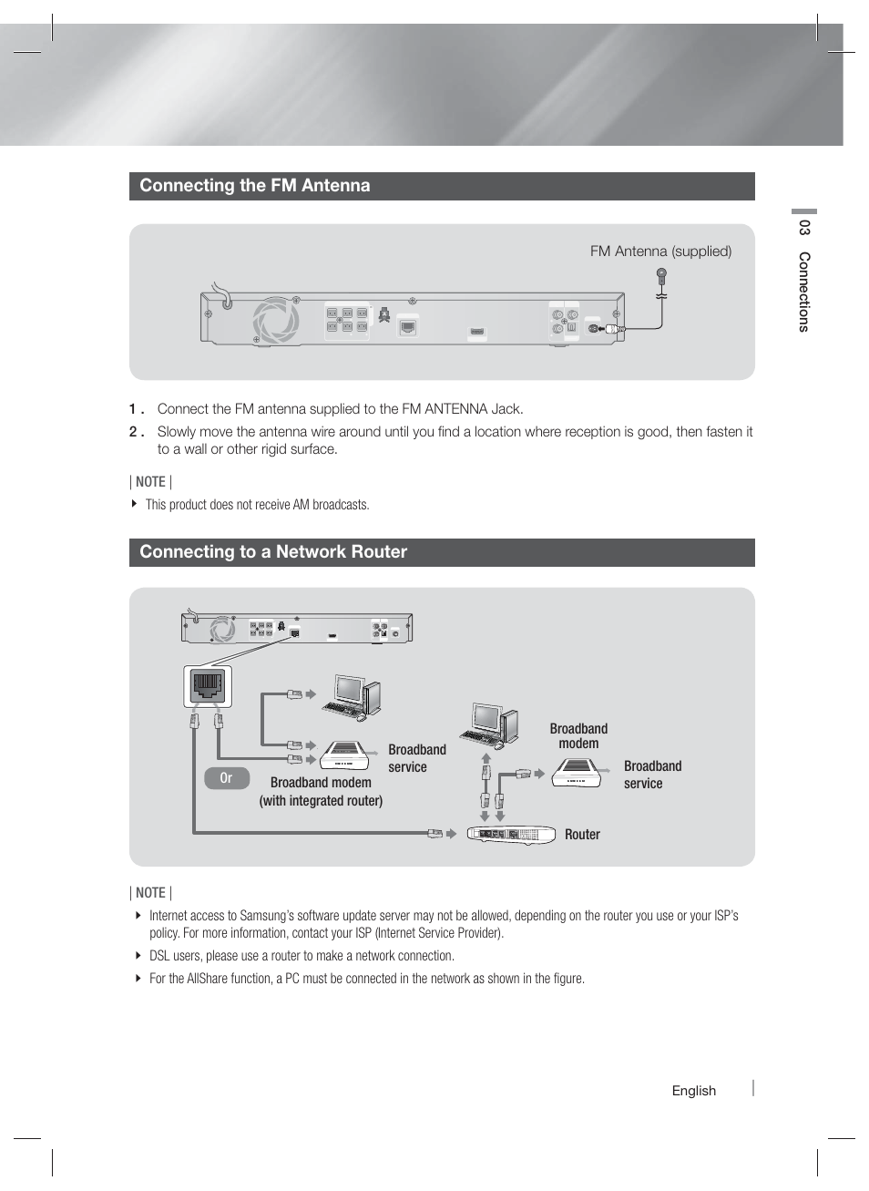 Connecting the fm antenna, Connecting to a network router, 03 connections | Broadband service, English | Samsung HT-EM35-ZA User Manual | Page 17 / 47
