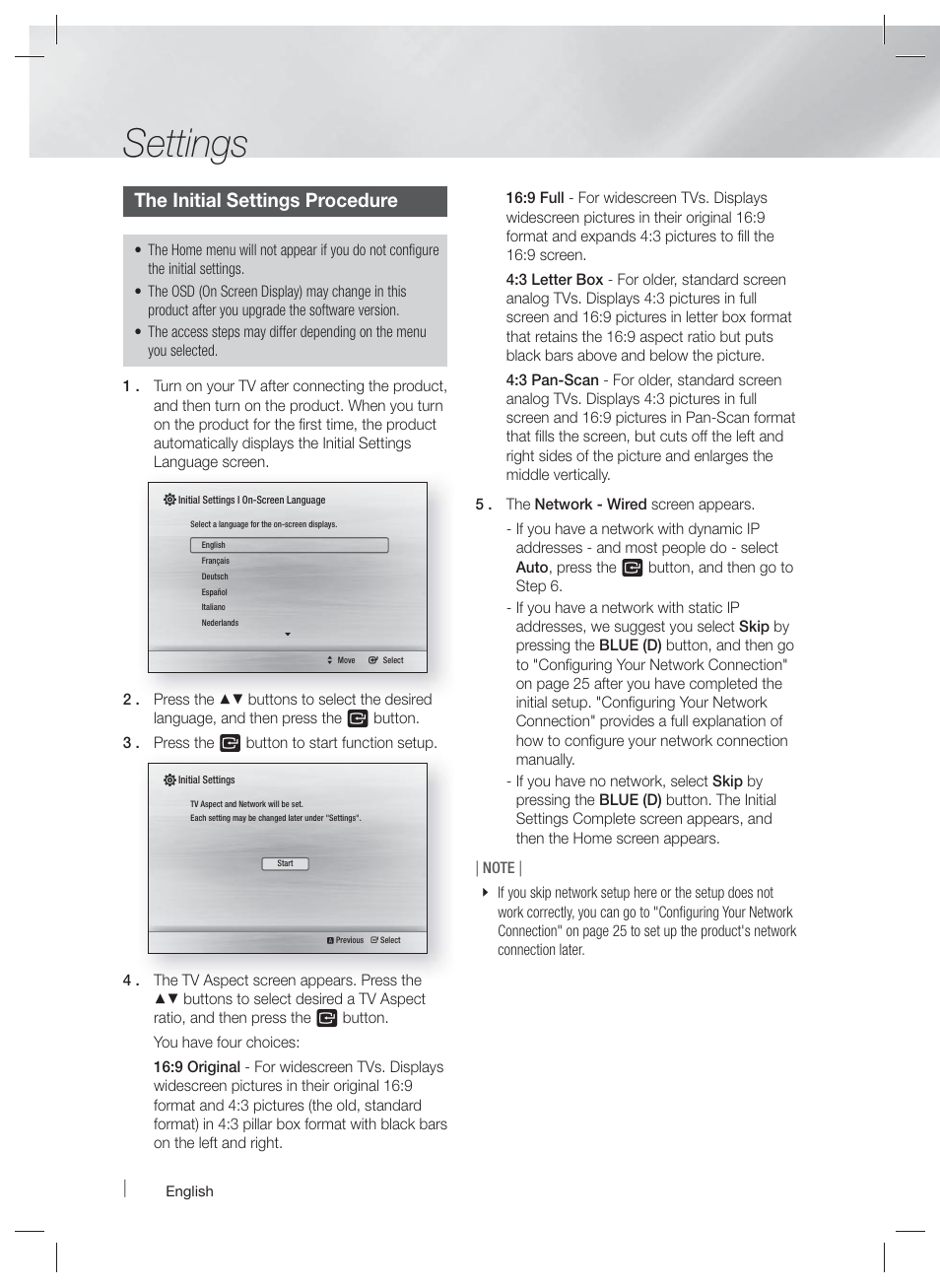Settings, The initial settings procedure | Samsung HT-EM35-ZA User Manual | Page 18 / 47