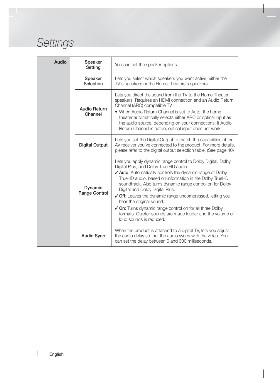 Settings | Samsung HT-EM35-ZA User Manual | Page 22 / 47