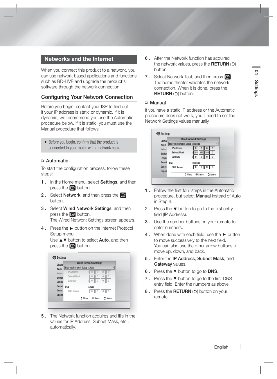 Networks and the internet, Configuring your network connection, Automatic | Manual | Samsung HT-EM35-ZA User Manual | Page 25 / 47