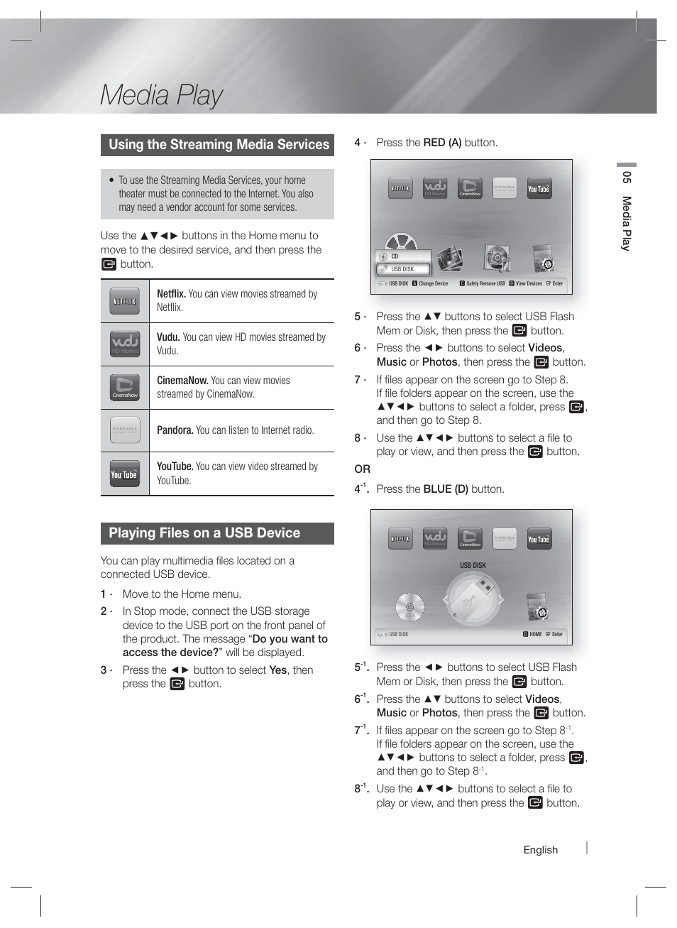 Media play, Using the streaming media services, Playing files on a usb device | Samsung HT-EM35-ZA User Manual | Page 29 / 47