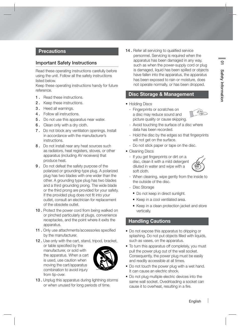 Precautions, Disc storage & management, Handling cautions | Samsung HT-EM35-ZA User Manual | Page 3 / 47