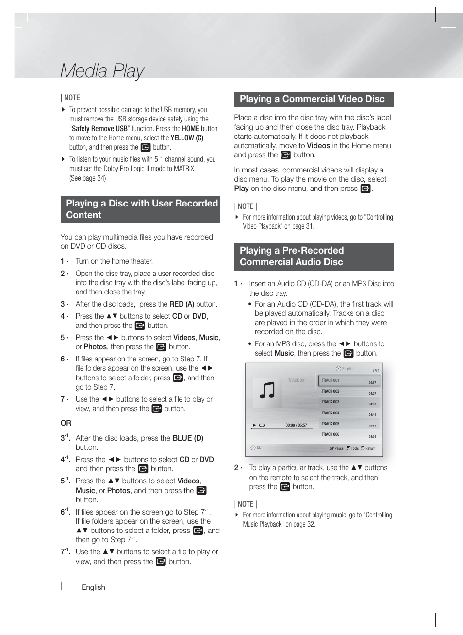 Media play, Playing a disc with user recorded content, Playing a commercial video disc | Playing a pre-recorded commercial audio disc | Samsung HT-EM35-ZA User Manual | Page 30 / 47