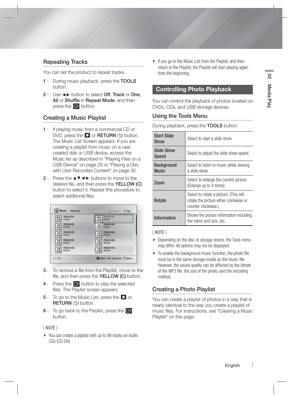 Controlling photo playback, Repeating tracks, Creating a music playlist | Using the tools menu, Creating a photo playlist | Samsung HT-EM35-ZA User Manual | Page 33 / 47