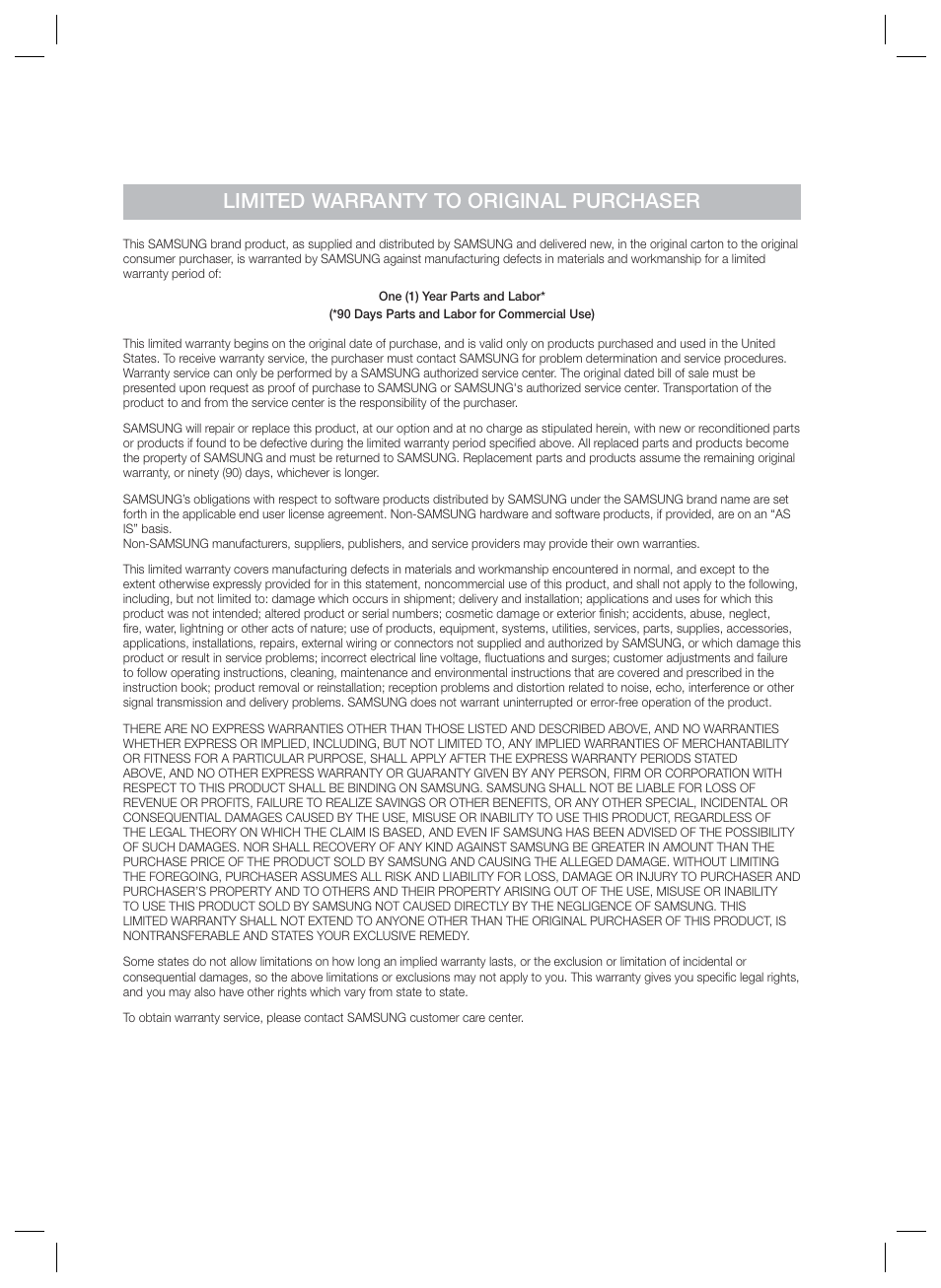 Limited warranty to original purchaser | Samsung HT-EM35-ZA User Manual | Page 46 / 47